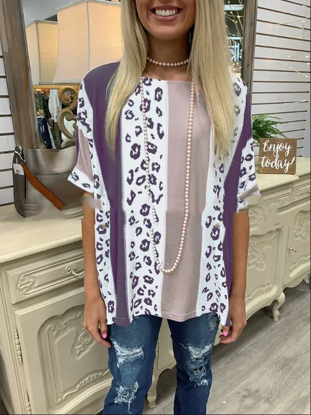 Turtleneck Round Neck Loose Leopard Print Short Sleeves Purple - Shop at LoveMi