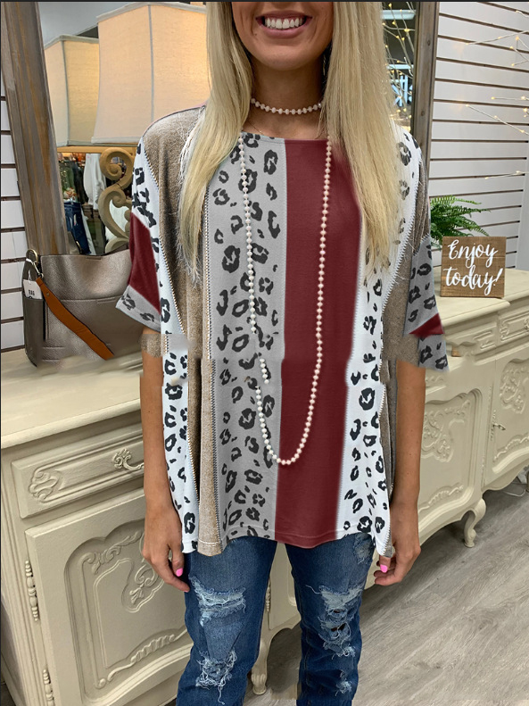 Turtleneck Round Neck Loose Leopard Print Short Sleeves Red - Shop at LoveMi