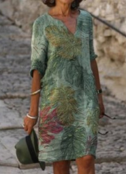 Ladies Fashion Printed U Neck Printed Mid-length Dress