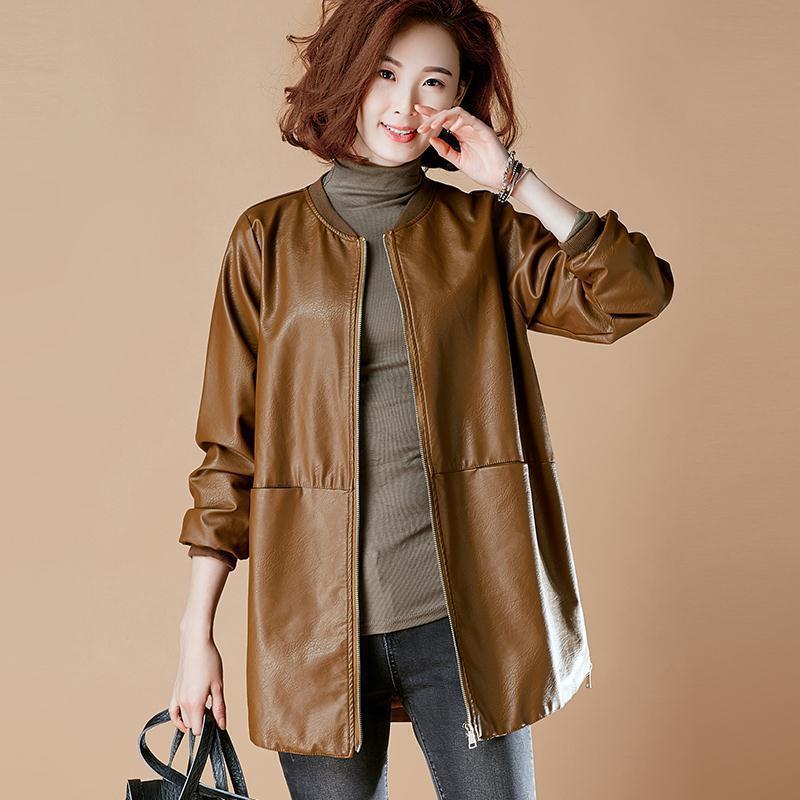 Korean Style Loose Baseball Uniform Mid-length Leather Jacket