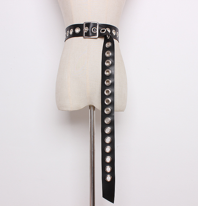 Versatile Ring Extra Long Belt Female Black Wide Metal Eyelet Female Belt Decorated Dress Trousers