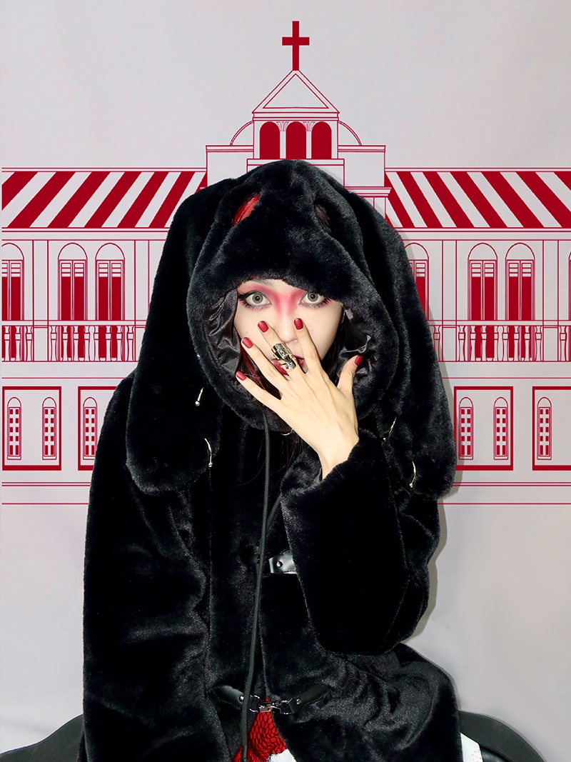 Virtual Track Original  Shelter Series Niche Punk Style Dark Black Thick Plush Rabbit Ears Hooded Coat Cotton Jacket