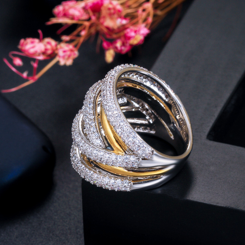 European And American Big Brand Micro-inlaid Diamond Ring Two-tone Electroplated Ring