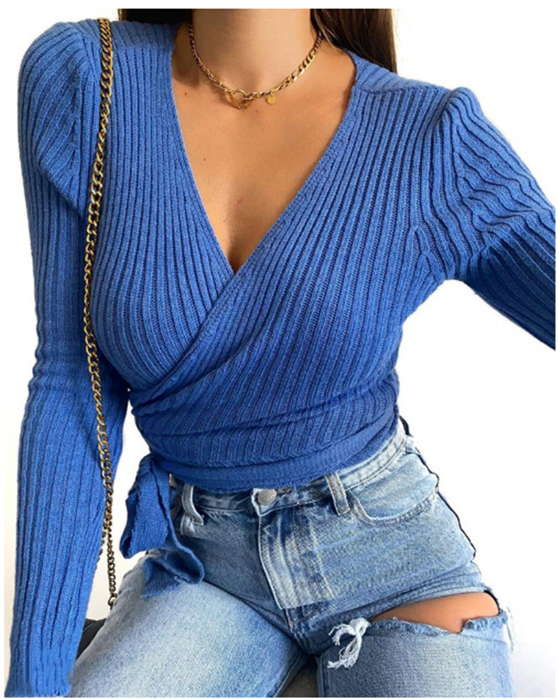 Solid Color Long-sleeved V-neck Lace-up Sweater Bottoming Shirt