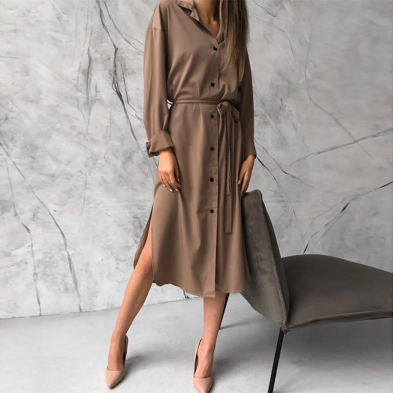 Women's Mid-Length Temperament Dress With Solid Color Belt