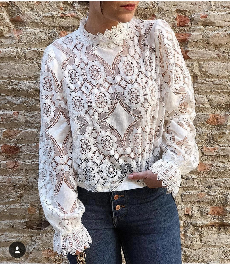 Sexy Long-Sleeved Stand-Collar Lace Shirt