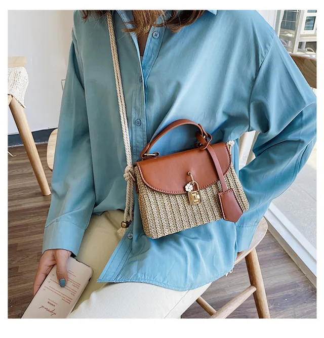 Straw Small Bag Handbags Popular New Trend Fashion Woven Messenger Bag Wild Shoulder Handbag Brown - Shop at LoveMi
