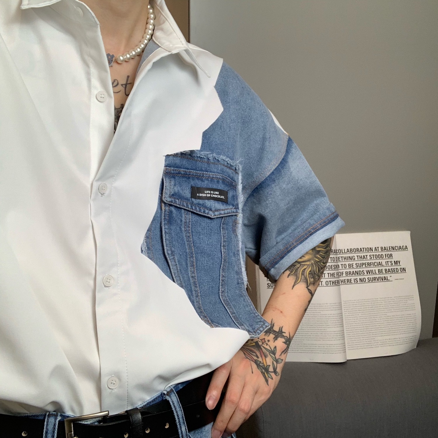 White Denim Shirt With Square Neck And Short Sleeves