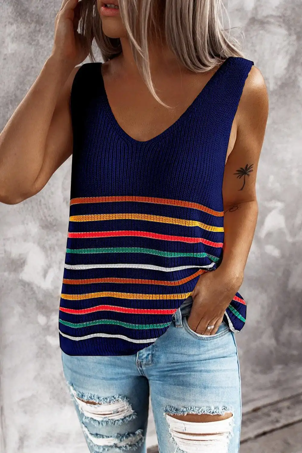 Sweater Knitted Vest T Shirt Women New Multicolor Striped V Neck Pullover Blouse