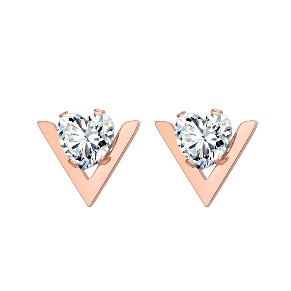 V Letter Zirconium Diamond Studs Titanium Steel Earrings For Ladies
