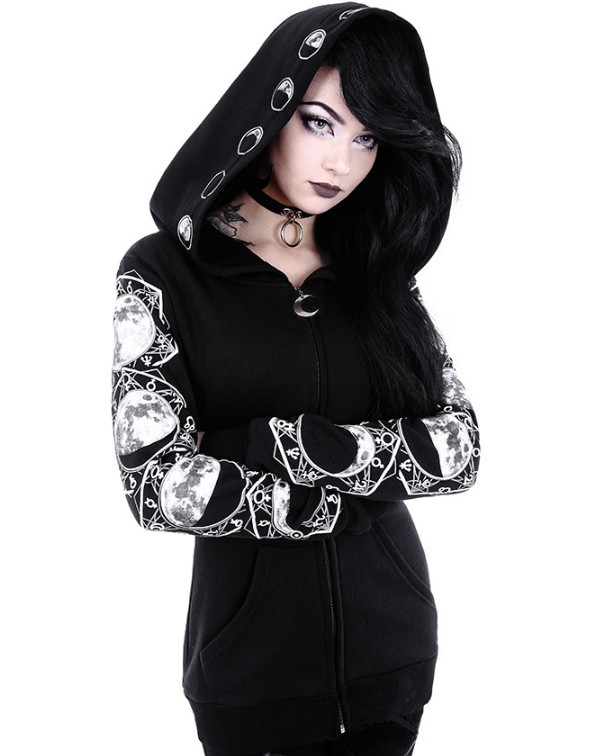 AliExpress WISH Amazon EBAY Hot Black Punk Peng Hooded Moon Print Long Sleeve Sweatshirt