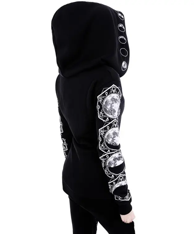 AliExpress WISH Amazon EBAY Hot Black Punk Peng Hooded Moon Print Long Sleeve Sweatshirt