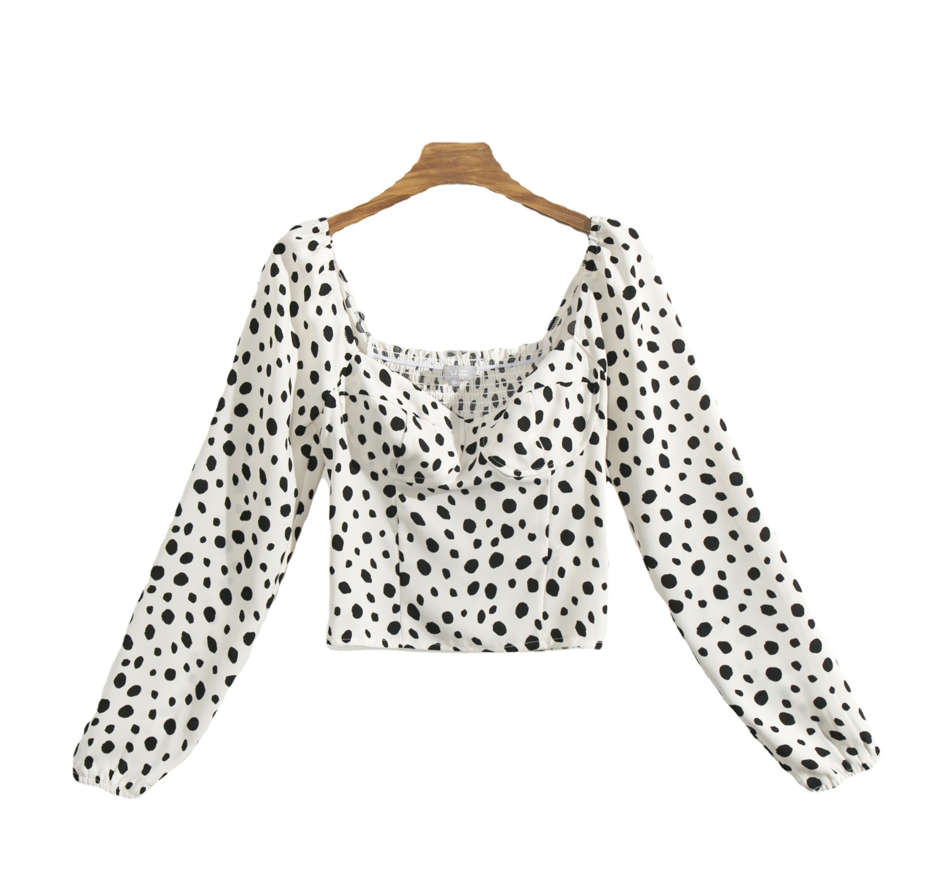 Retro Square Collar Black And White Spotted Long-sleeved Shirt