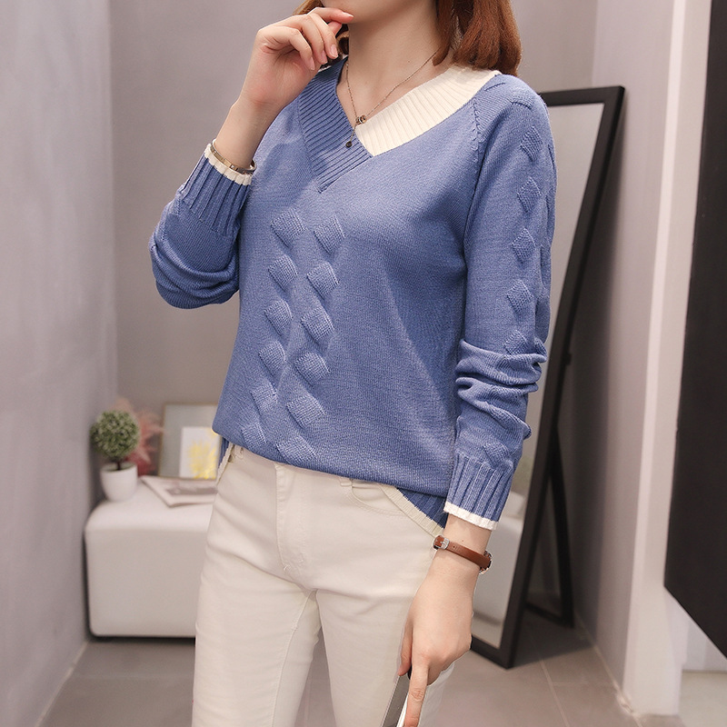 Sweater Women's Loose V Neck Color Blocking Pullover Sweater