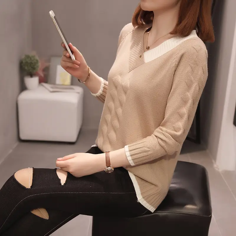 Sweater Women's Loose V Neck Color Blocking Pullover Sweater