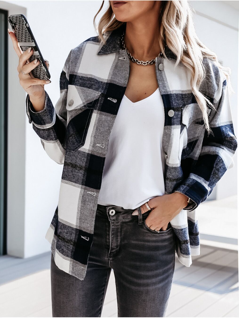 Autumn And Winter Long-sleeved Plaid Thick Shirt Jacket