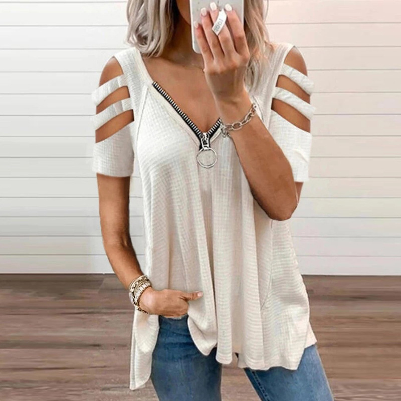 Low-cut Zipper Solid Color Short-sleeved T-shirt With Shoulder Straps
