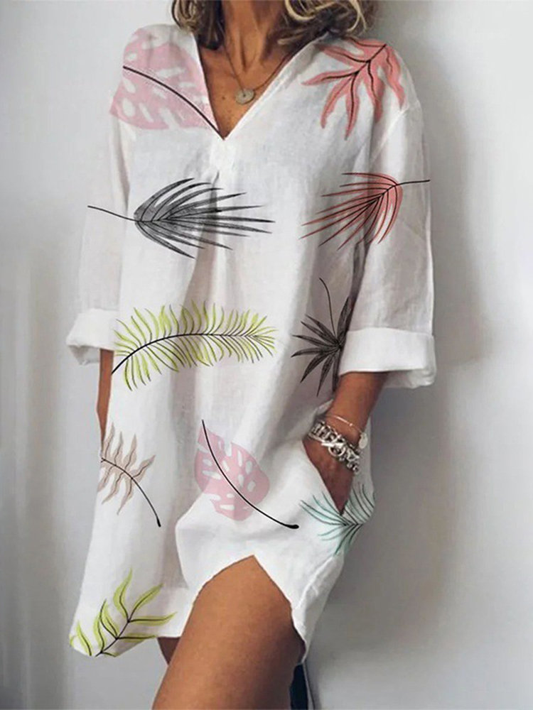 Ladies New Fashion Leaf Print Pocket One Piece Shirt