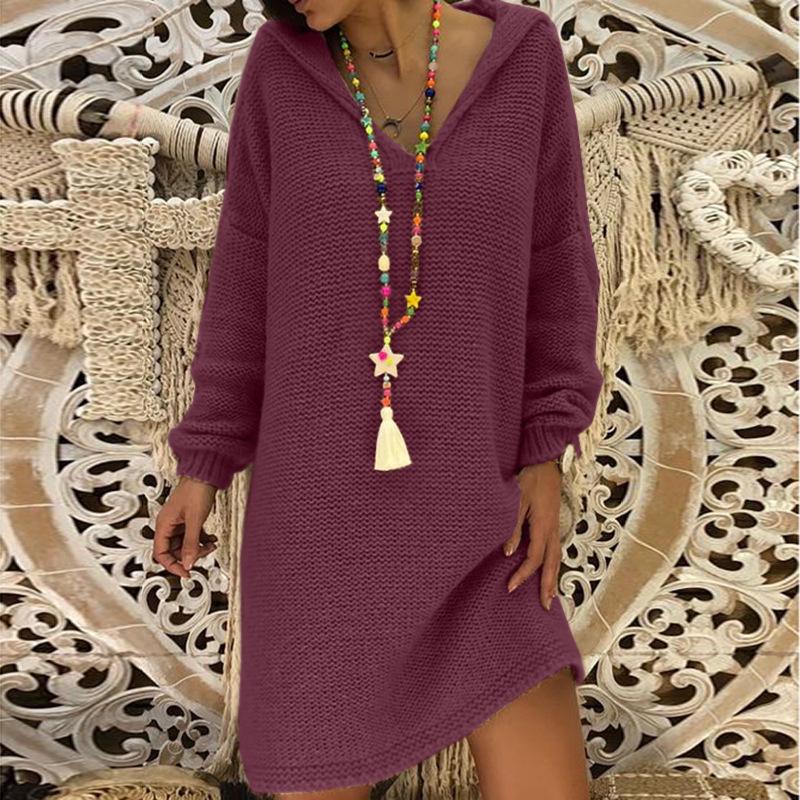 Knitted V-neck Loose Dress Solid Color Casual