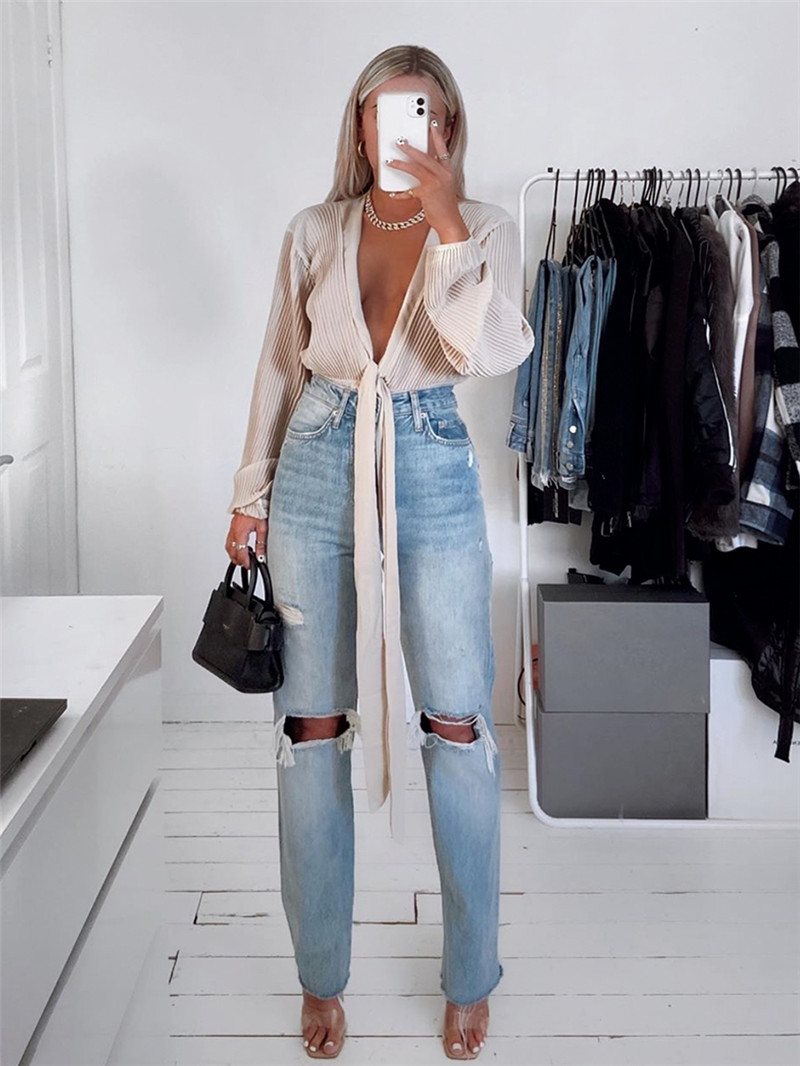 Loose Slim High-rise Ripped Straight-leg Jeans