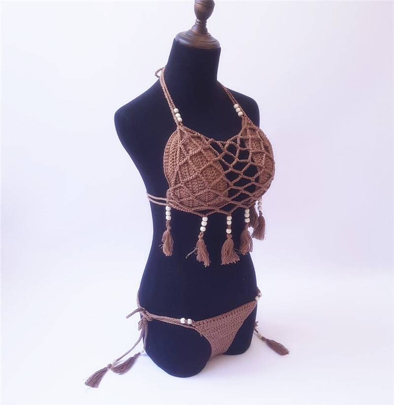 Fringed Three-piece Women's Split Swimwear Hollow Mesh Lace-up Dress