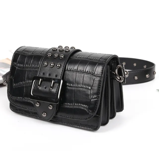 Rivet Leather Buckle Small Square Bag Embossed Genuine Leather Handbag Black - Shop at LoveMi