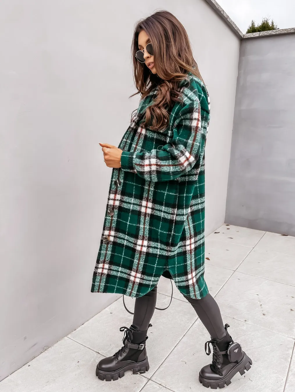 Button Lapel Casual Warm Plaid Long Woolen Coat - Green