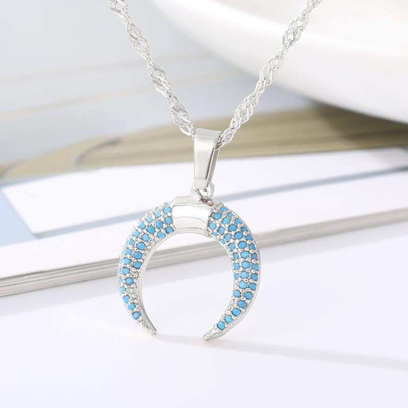 Crescent Copper Zircon Pendant Necklace Gold Blue Stainless Steel Chain