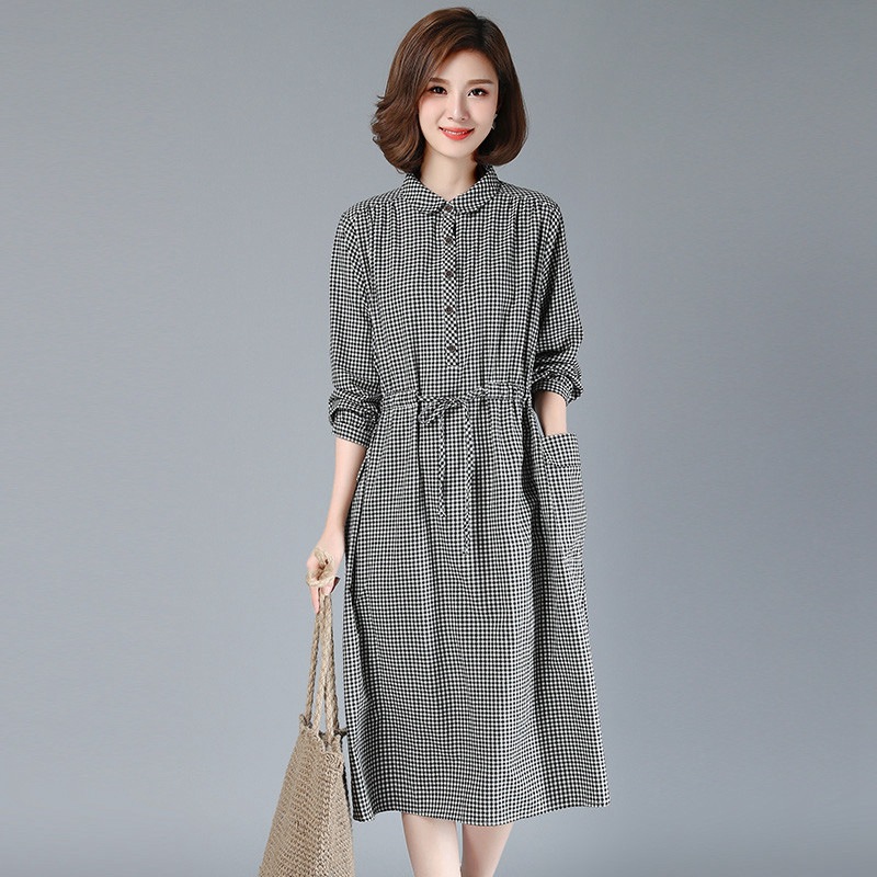 Literary Plus Size Plaid Cotton And Linen Dress