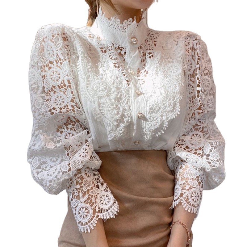 Temperament Solid Color Lace Hollow Stand Collar Shirt With Pearl Buttons