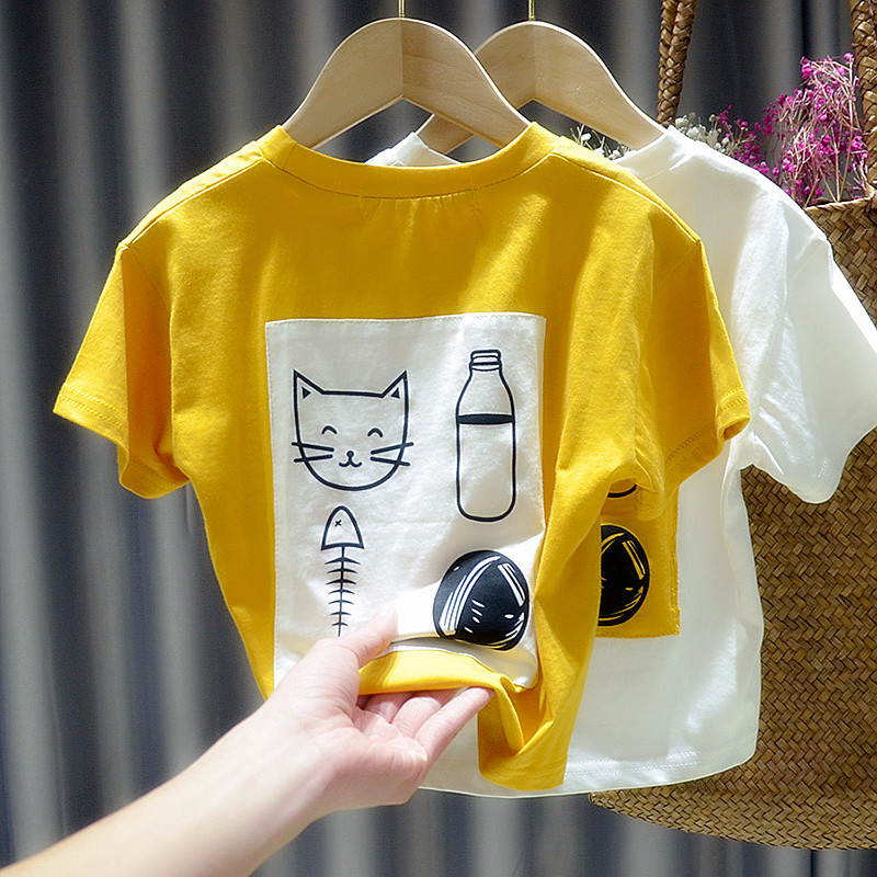 قميص أطفال برسومات كرتونية بياقة دائرية وأكمام قصيرة