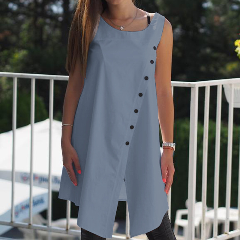Sleeveless Round Neck Button Vest Dress