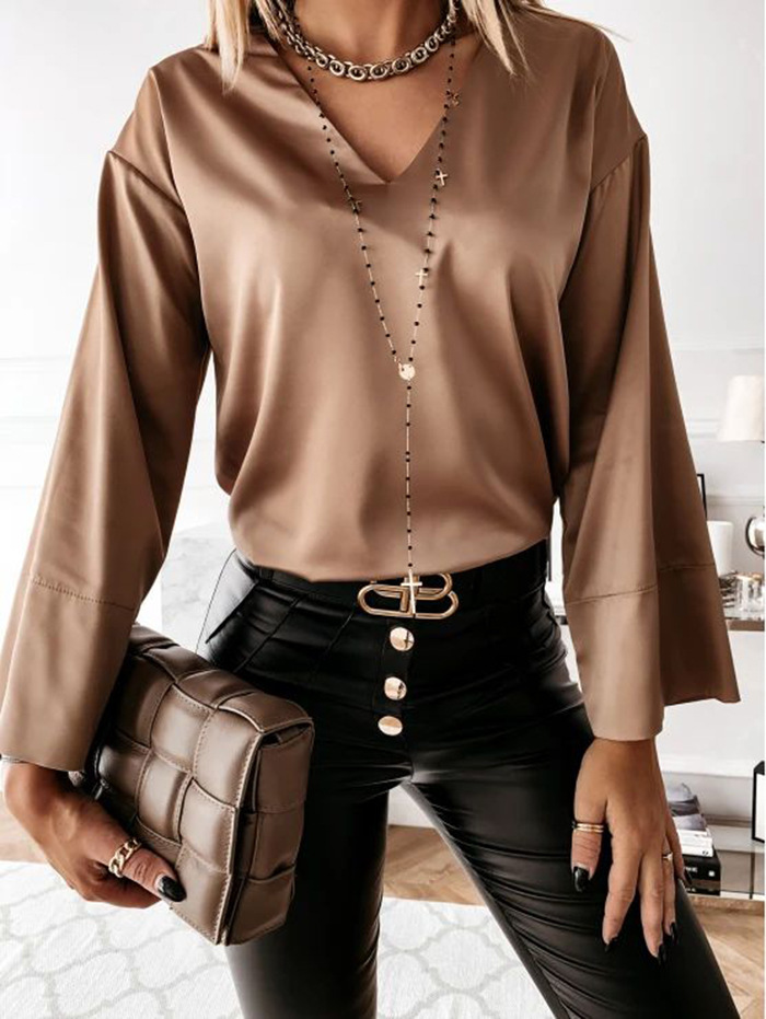 Women's Long Sleeved Satin Loose Casual Top Shirt