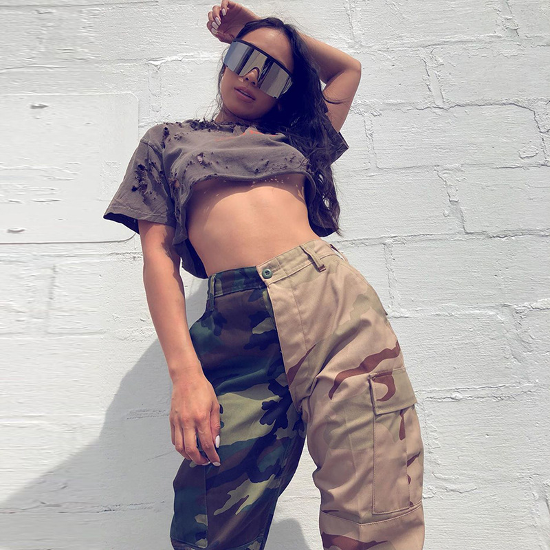 Title 3, Damen High Waist Camouflage Hose mit Farbkontra...