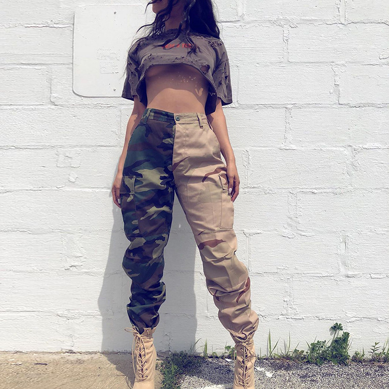 High Waist Camouflage Splicing Pants Female Contrast Color