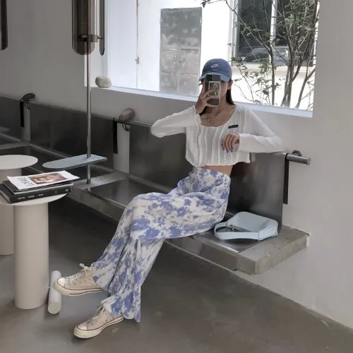 Tie Dyed Wide Leg Casual Pants Blue White - Shop at LoveMi