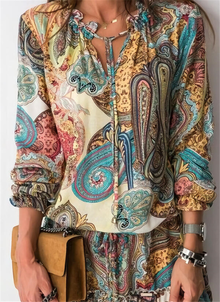 V-neck Long Sleeve Elastic Waist Printed Dress