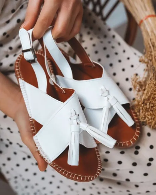 Flat Fringed Buckle Women's Shoes Sandals White - Shop at LoveMi