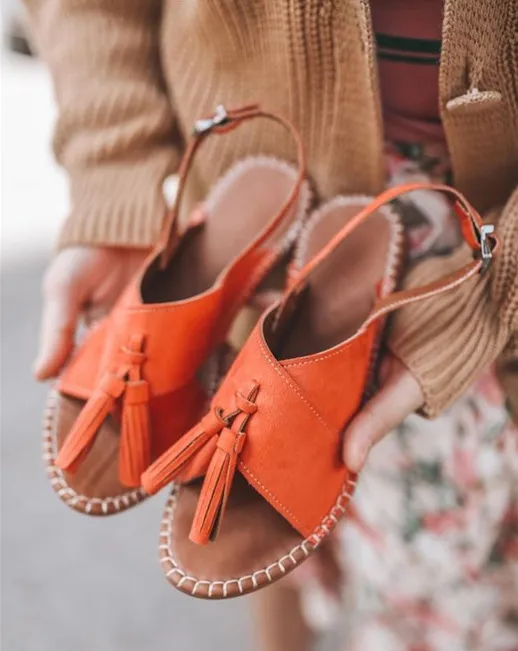 Flat Fringed Buckle Women's Shoes Sandals Orange - Shop at LoveMi