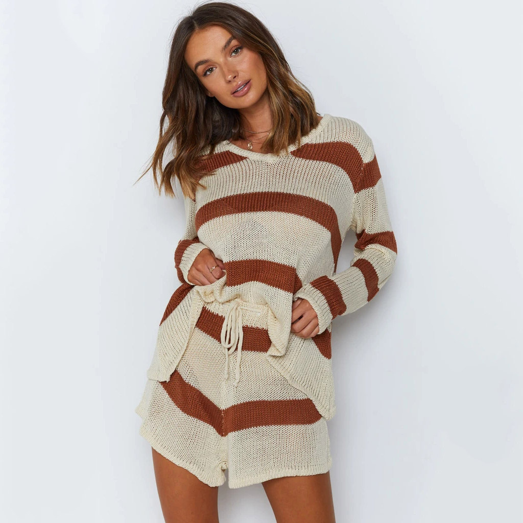 Two-piece Sports Striped Sweater Shorts Suit