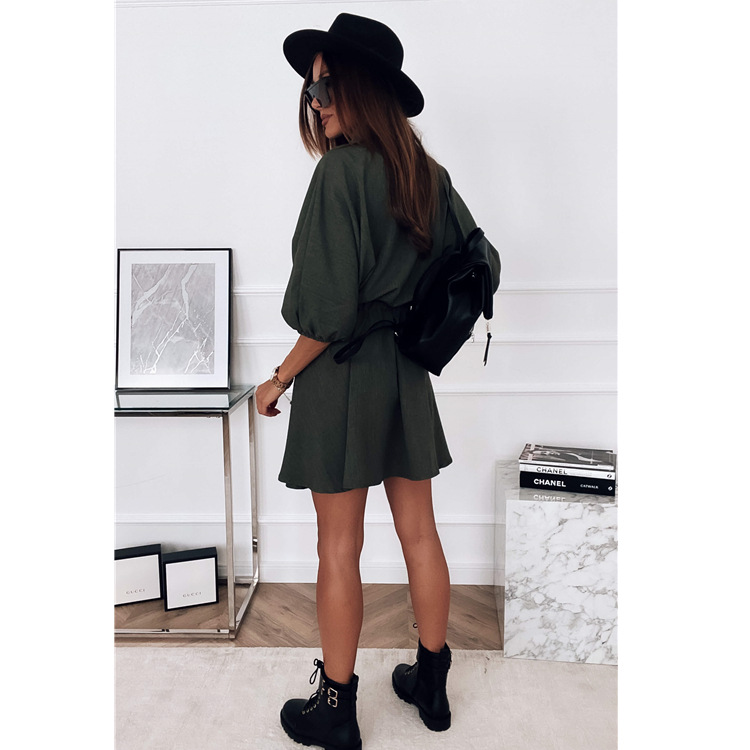 Lapel Solid Color Three-quarter Sleeve Drawstring Dress