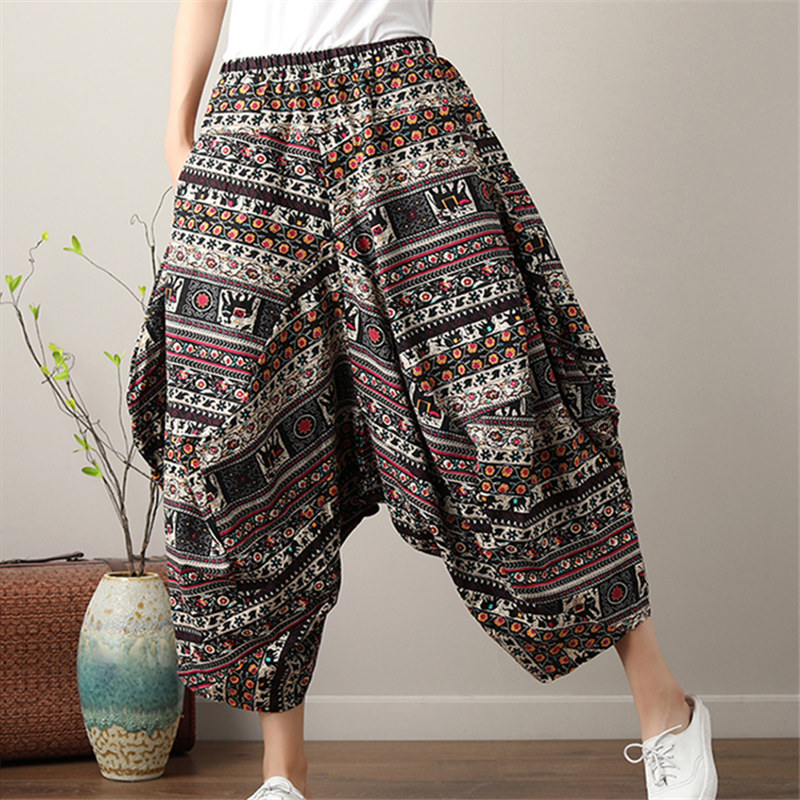 Folk Style Loose Cotton Linen Printing Elastic Waist