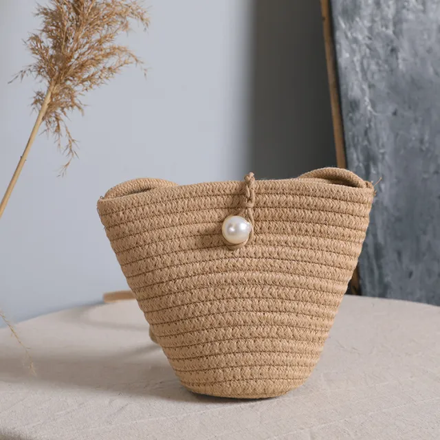 Small Coin Purse Pearl Straw Woven Bag Single Shoulder Cotton Bag Khaki - Shop at LoveMi