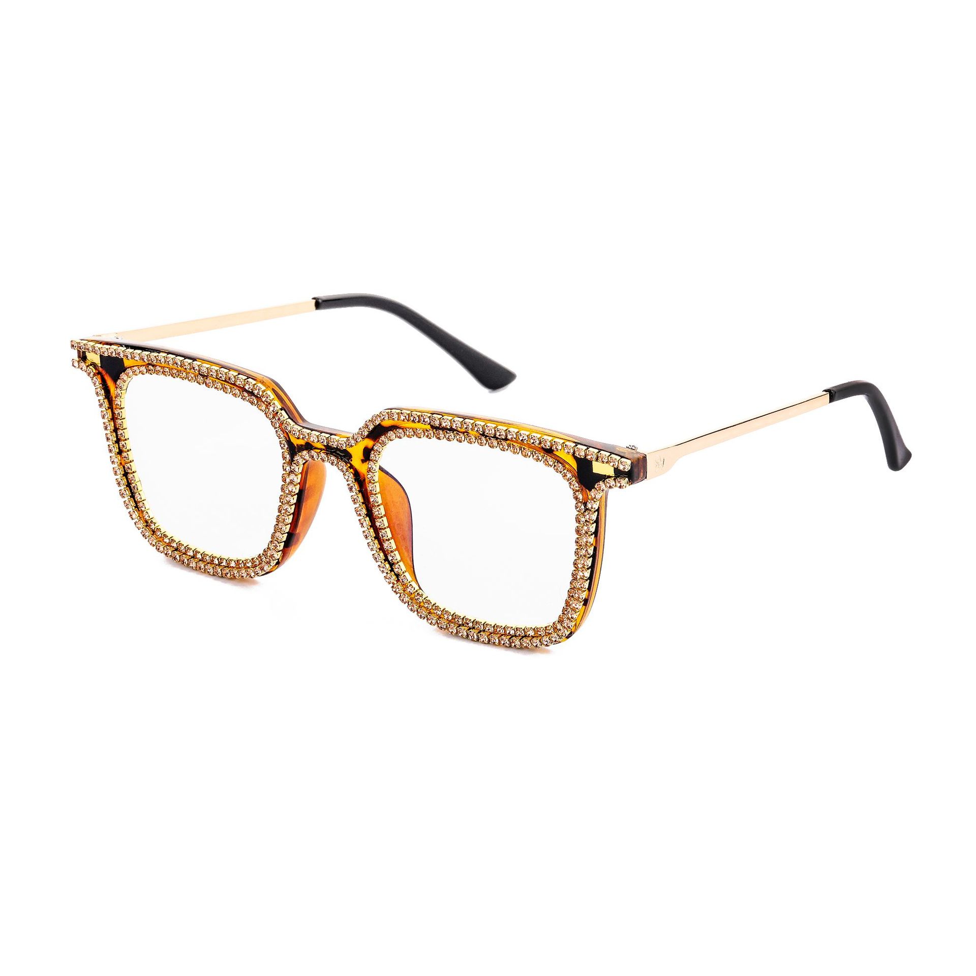 Square Point Drill Sunglasses Leopard Pattern Frame Diamond Fashion