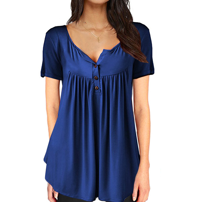 Solid Color Pleated Button Loose Short Sleeved T Shirt Women's Top