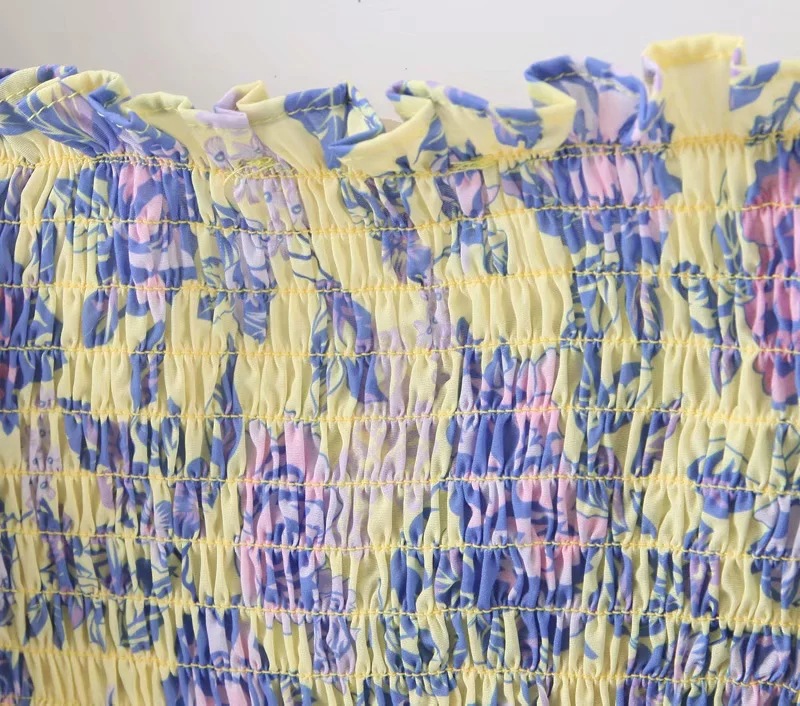 Floral Lantern Sleeves V-Neck Fungus Lace-Up Cropped Blouse Women