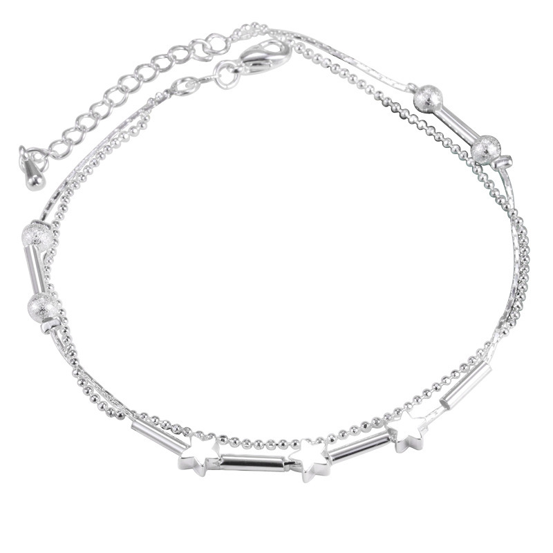 Exquisite Double Layer Five Pointed Star Bead Necklace Elegant Silver Color Bracelet Accessories Fashion Girl Party Jewelry