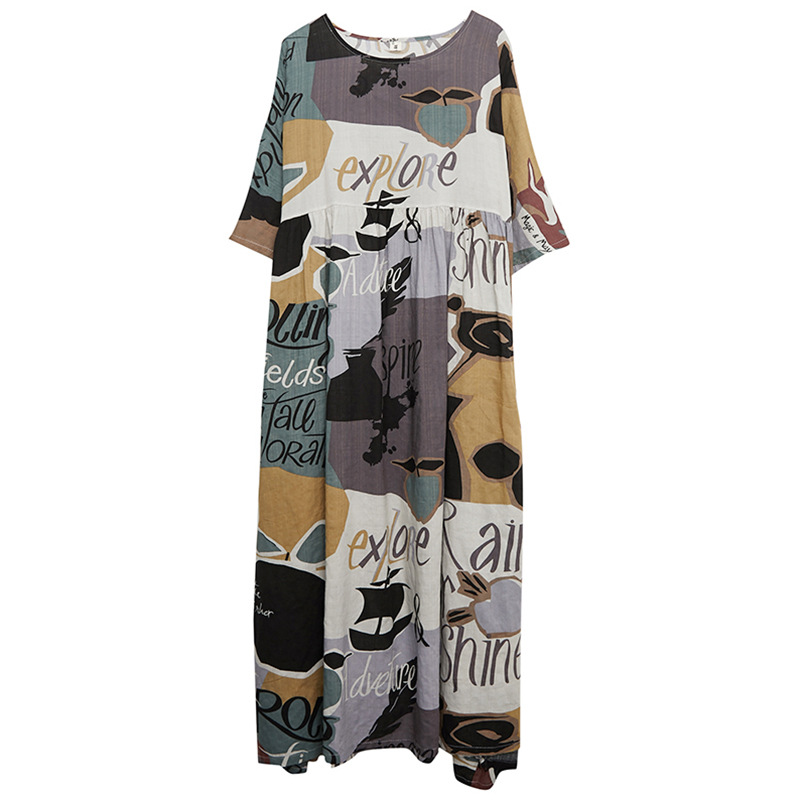 Printed Round Neck Short Sleeve Dress Abstract