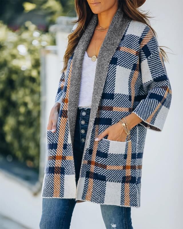 New Autumn And Winter Plaid Pocket Loose Cardigan Jacket