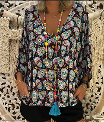 Thin Butterfly Print Nine-point Sleeve Shirt